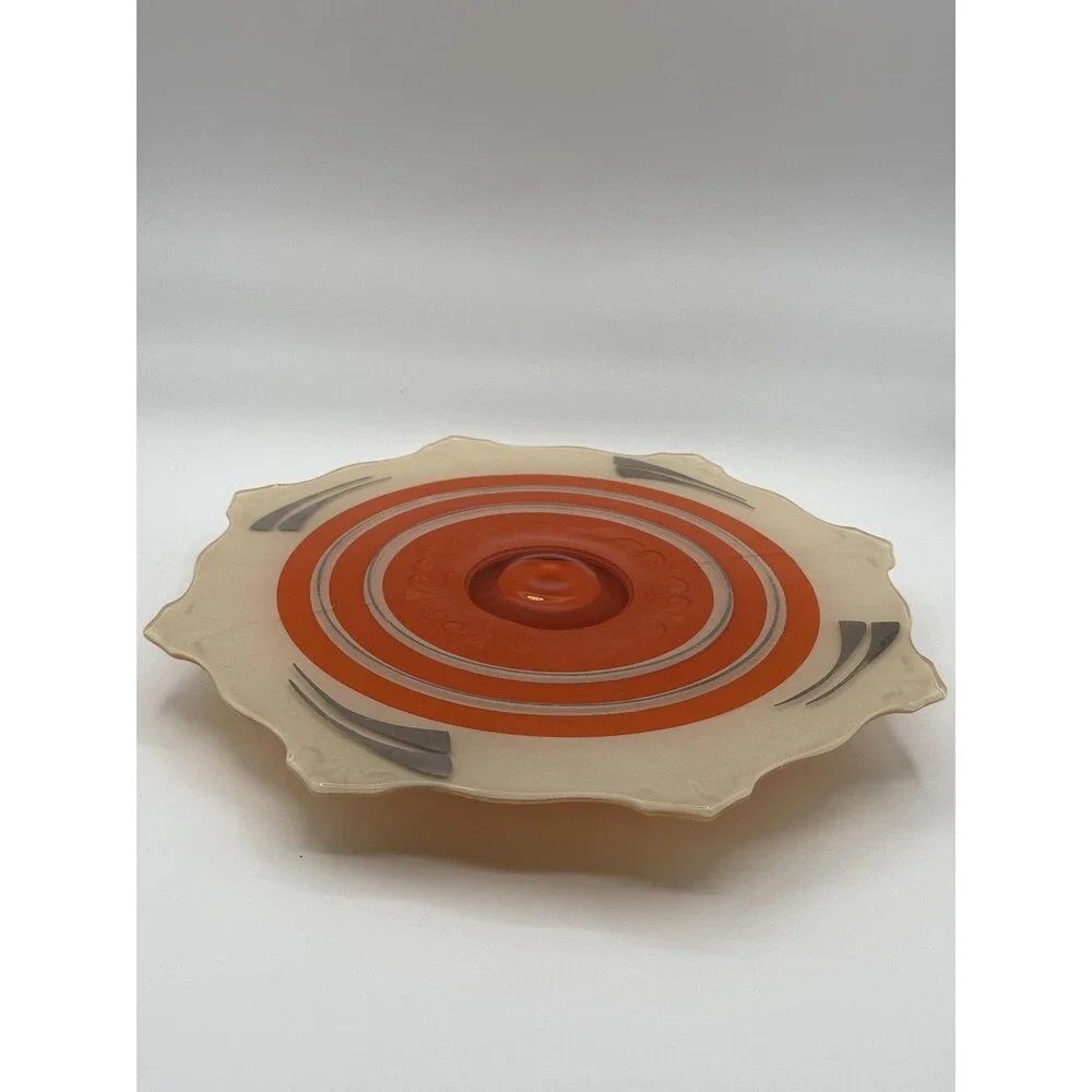 Vintage Cream Orange Silver Serving Platter/Art Deco Reverse Painted Scalloped